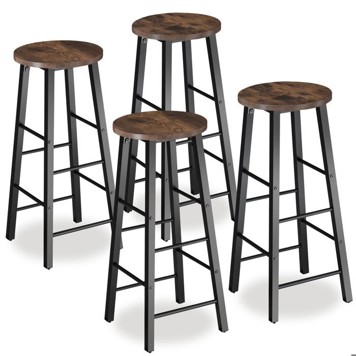 Tabouret de bar - TECTAKE - Lot de 4 tabourets de bar KEYNES style industriel en bois et acier époxy repose-pieds - Bois foncé