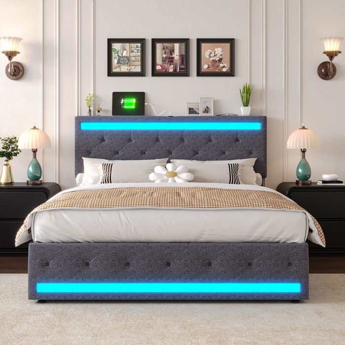 Lit double 140x190 cm - MEXUS - Gris - Tissu en lin - LED intégrée - Port USB - Avec tiroirs - Cadre de lit - Tete de lit 140