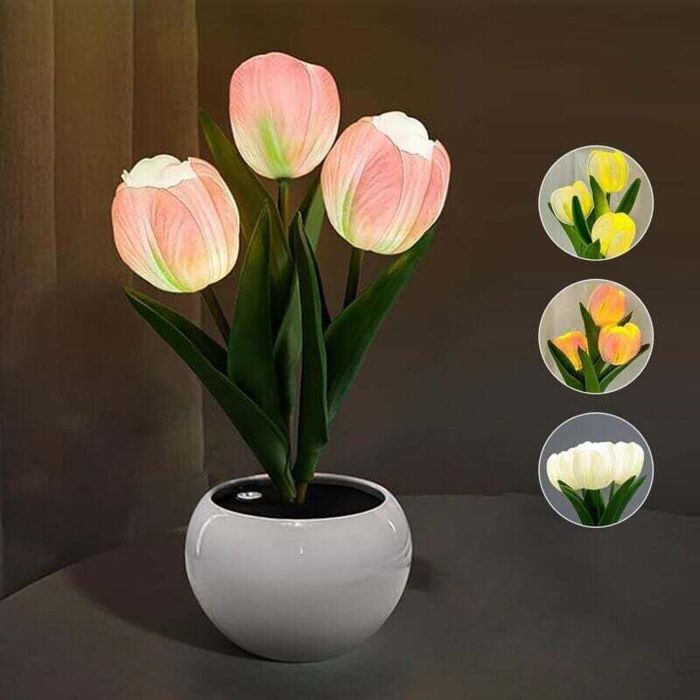 Lampe de table LED - PZCC - PZCC - Vase en céramique - Fleurs artificielles - Intensité variable 5–100%
