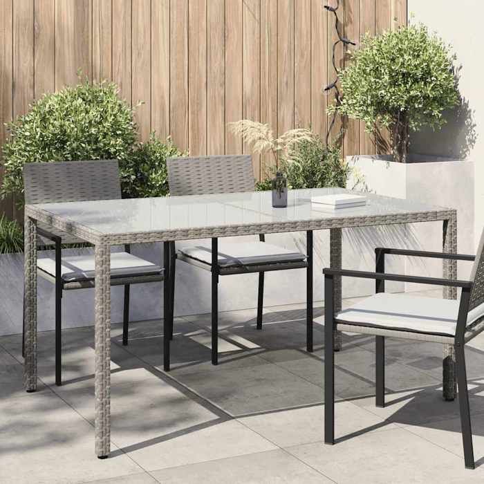 Soldes printemps Table terrasse - Gris - Table de jardin - 1 PC - 150x90x75 cm verre - trempé et poly rotin Gris T143