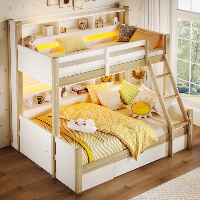 Lit superposé enfant - LEMONBEST - 90x200+140x200 - LED intégrée - Tiroir & rangements - Bois massif blanc/naturel