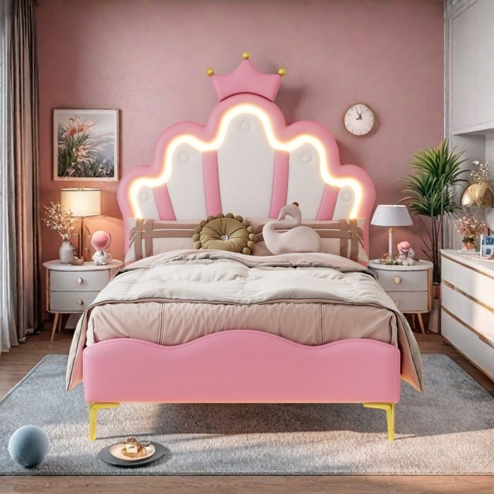 Lit Fille 90x200 CM avec LED Réglables Lit Princesse avec Tête de lit en Forme de Couronne Lit Enfant Rose Sommier à Lattes PU