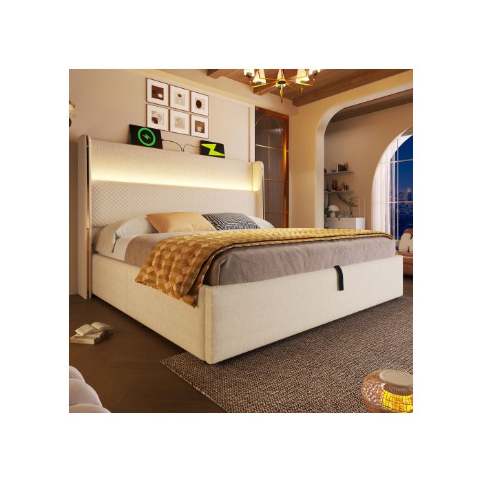 Lit coffre - Lit 140x200 cm - Tête haute rembourrée LED - Ports USB Type-C - Lin beige sommier lattes bois