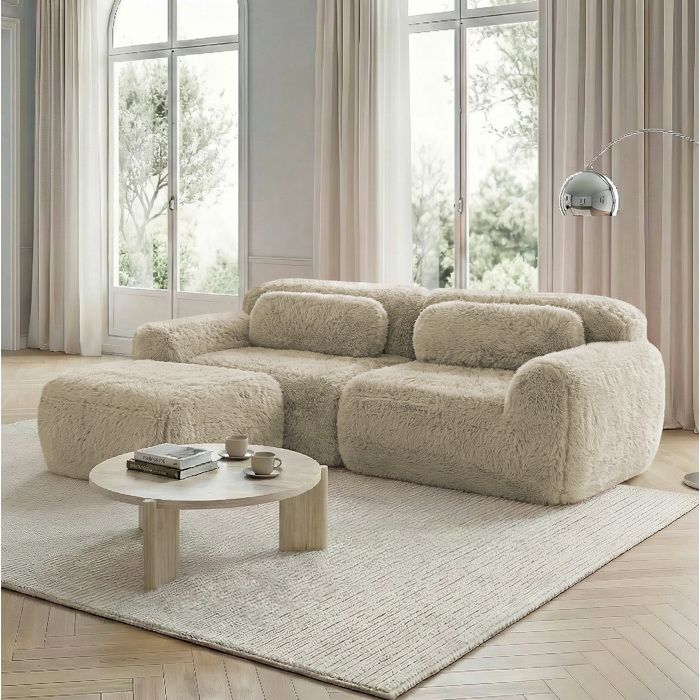 Canapé d’angle modulable 2 places en peluche beige kaki clair
