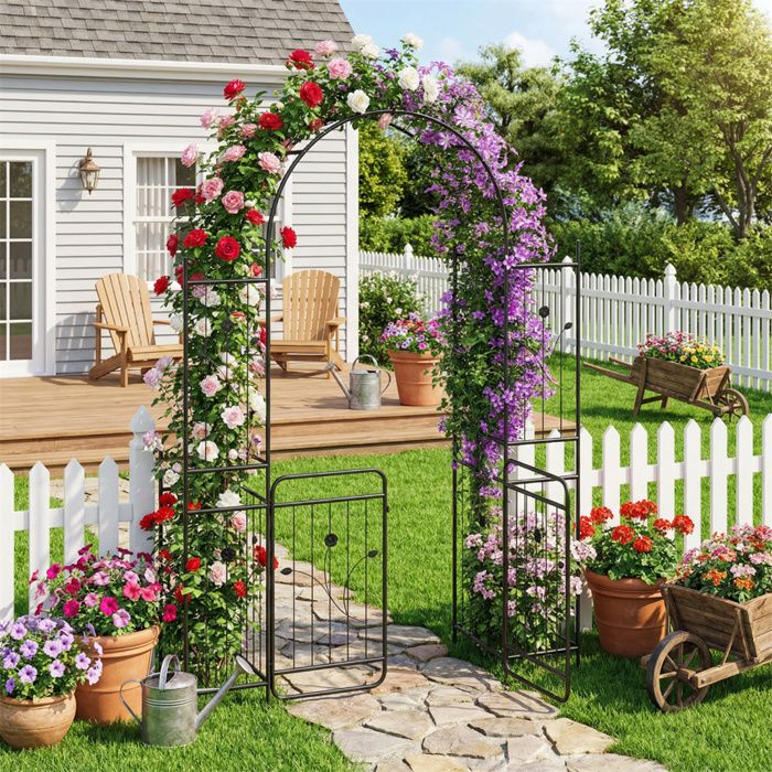 Arche de jardin - 220 cm - Porte verrouillable - Treillis pour plantes grimpantes - 2 étagères - Métal noir