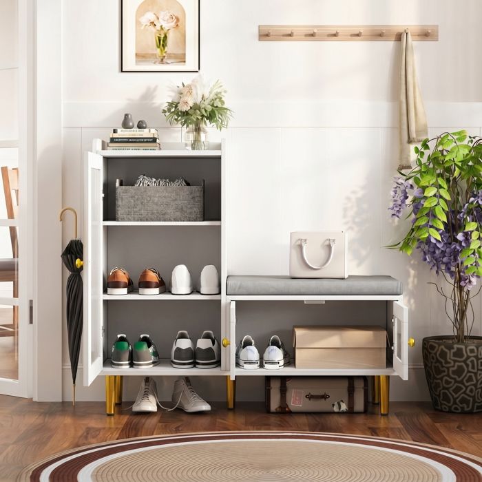 Banc à chaussures avec coussin meuble entrée porte en verre cannelé pieds dorés étagères réglables compartiments blanc