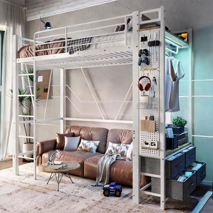Lit mezzanine enfant ou adulte cadre en métal blanc 90 x 200 cm avec rangement LED et ports USB