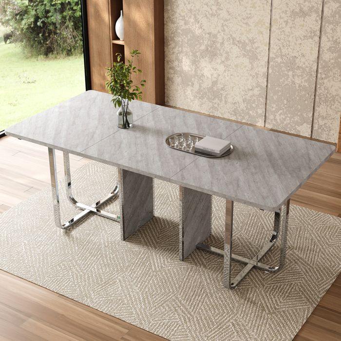 Table à manger moderne - Dimensions 180x80x75 cm - Gris + Argent - MDF et métal - Poids 27.3 kg - Capacité 6-8 personnes
