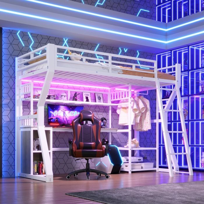 Lit Mezzanine 90x200cm en Métal Blanc avec Bureau Prise Intégrée Bande LED Penderie et Étagères de Rangement sans Matelas