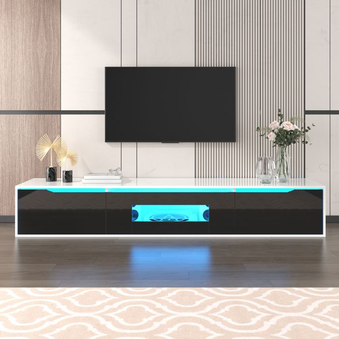 Meuble TV mural LED 180x35x30 cm portes rainurées éclairage 16 couleurs 4 modes laqué noir brillant blanc