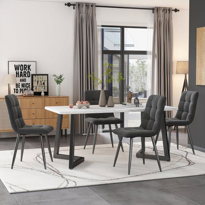 Ensemble Table à Manger avec 4 chaises-Table de Cuisine rectangulaire de 117cm avec chaises en Velours - Pieds en métal Noir