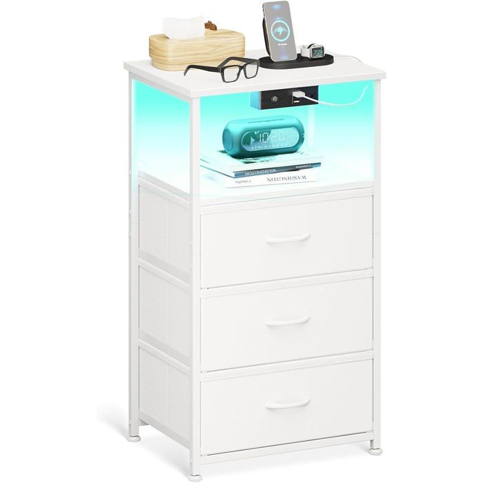 Tables De Chevet Pour Adulte Table De Nuit Avec 2 Ports Usb 1 Prise Et Bande Led 3 Tiroirs En Tissu Et 2 Espace De Rangement[CA33]