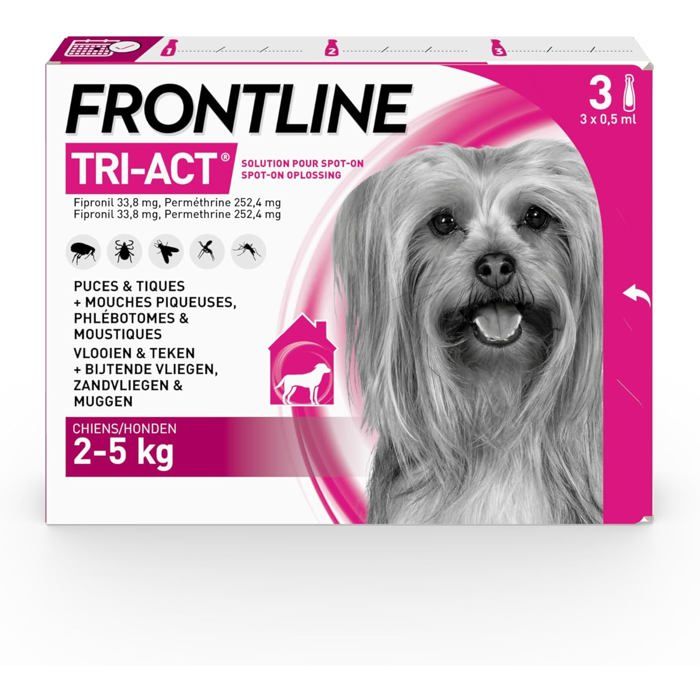 Tri-Act Chien - Anti Puces Tiques Moustiques Phlébotomes & Mouches - Traitement Radical En 6h - Pour Très Petit Chien De 2 à 5 kg