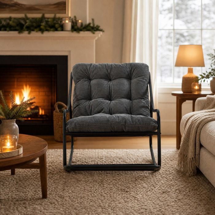 MEUBLIV fauteuil à bascule en acier noir et coussin épais gris 116 x 75 x 82 cm velours côtelé