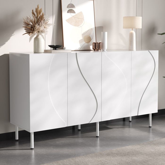 WOVREO buffet bas 140 cm blanc 4 portes 3D ondulees push-to-open PB MDF pieds en metal
