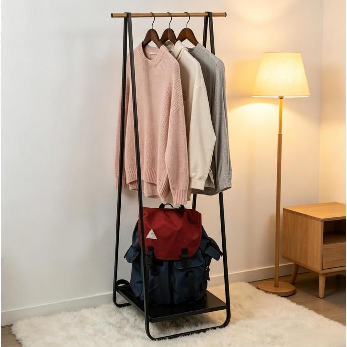 Porte-Manteau sur Pied avec Barre de Penderie et 1 Étagère Basse - TCQPZ - pour Entrée et Chambre - Métal et Bois - Noir