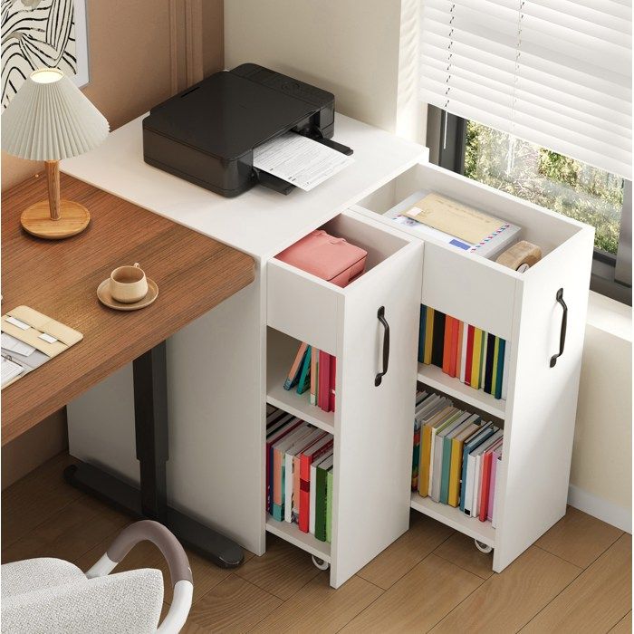 Bibliothèque à Roulettes avec 1 Tiroir et 2 Étagères Réversible Gauche Droite pour Bureau Blanc 52×50×75 cm - UVRION