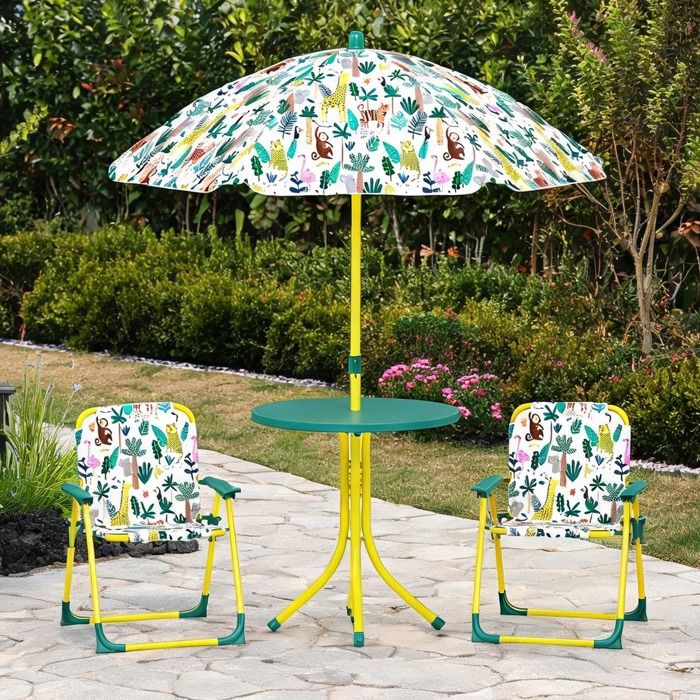 Ensemble salon de jardin enfant plastique vert avec 2 chaises pliantes et parasol thème jungle