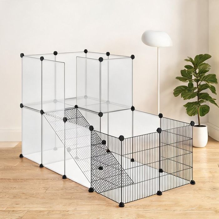 Enclos intérieur modulable 2 niveaux pour lapins et petits animaux 140x70x90 cm acier et panneaux résine noir
