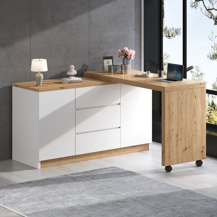Bureau à roulettes verrouillables 120 cm avec Rangement Bureau d’Angle Multifonctionnel Buffet ou Coiffeuse–avec tiroirs et Portes