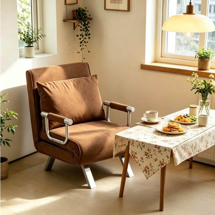 Fauteuil convertible 1 place marron en suédine avec dossier réglable 5 positions et coussin inclus