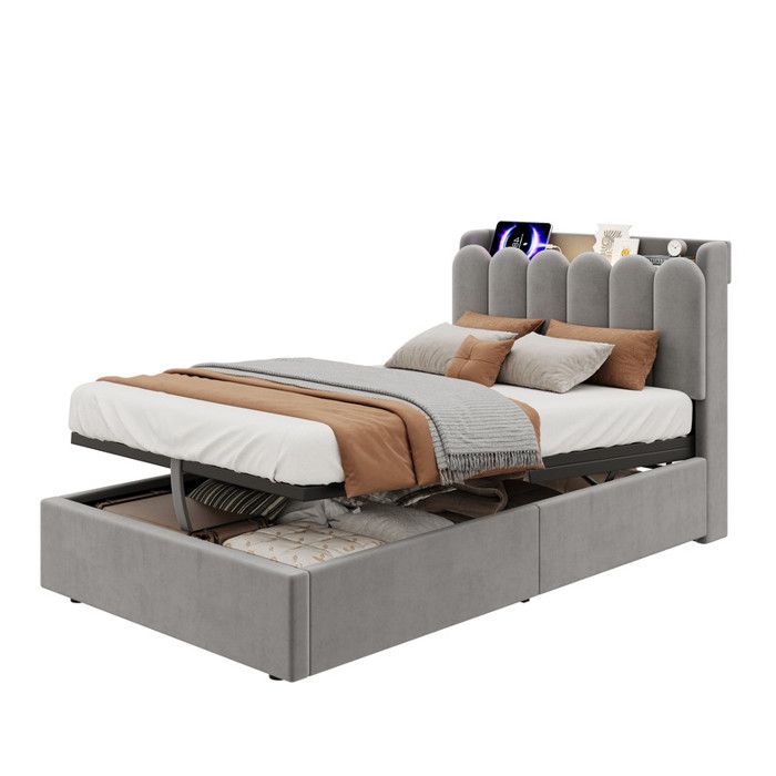 Lit simple 90x200 cm avec charge USB/Type-C et lampe coffre hydraulique sommier à lattes tête rembourrée velours gris