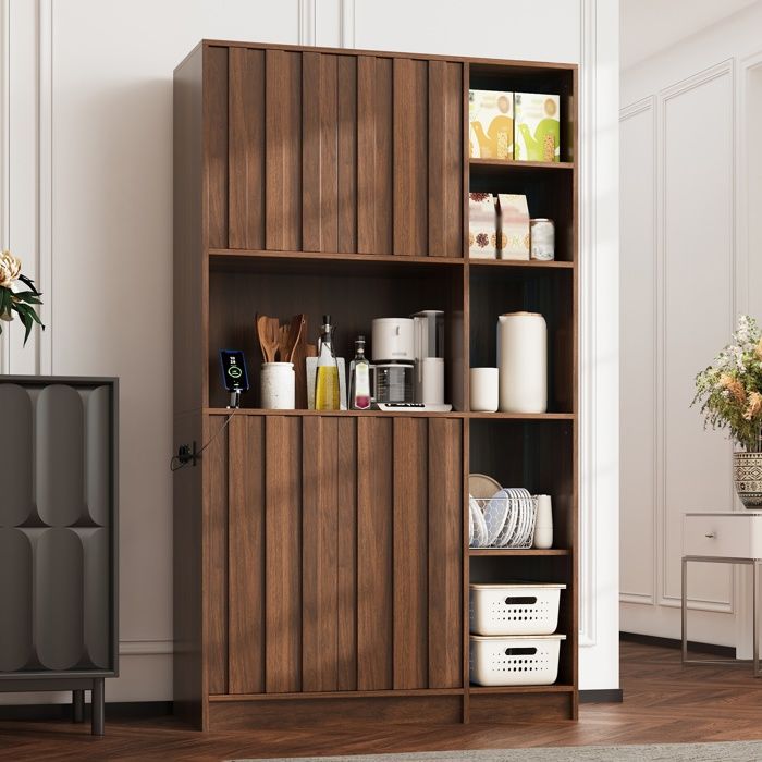 Buffet Haut Cuisine - LEMLIT - 4 Portes - Étagère Réglable - LED - Prise USB - Meuble Armoire Rangement Noyer