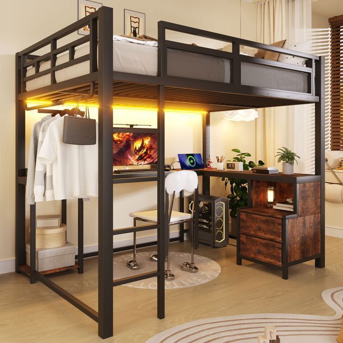 Lit mezzanine enfant 2 places 140x200 cm Lit adulte Lit double en métal avec bureau LED ports USB 2 tiroirs étagères noir
