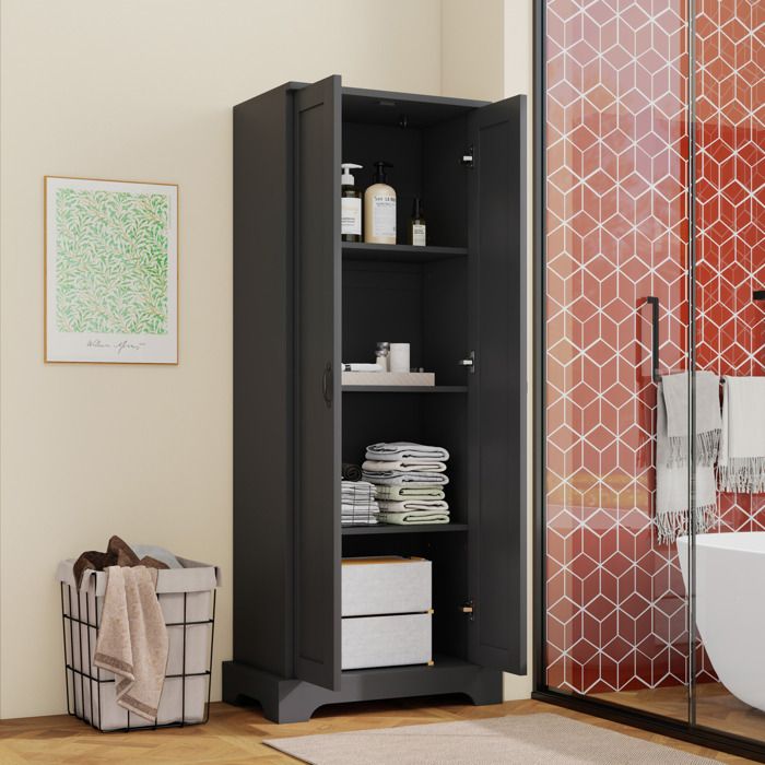 Colonne de salle de bain noire 56 x 40 x 170 cm à 2 portes 4 espaces étagères réglables MDF VEVXYN
