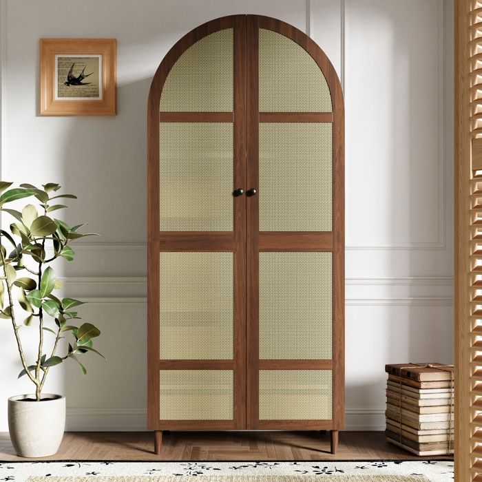 Armoire penderie de chambre moderne 80x50x179 cm portes incurvées avec cannage en rotin tringle tiroirs étagères pieds en bois