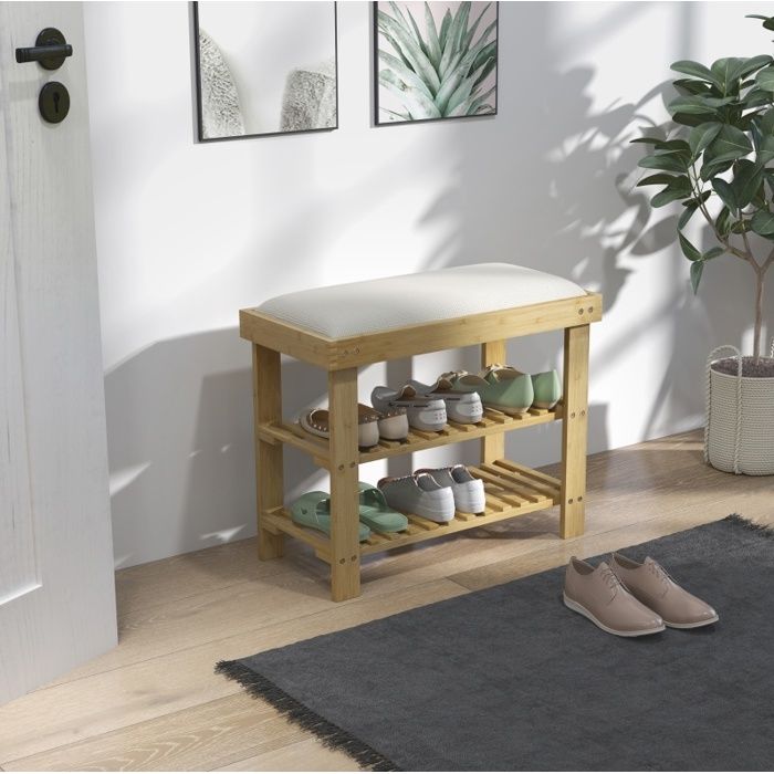 Banc à chaussures avec coussin 2 étagères ouvertes - YEAVIO - bambou assise crème 60 × 29 × 49 cm