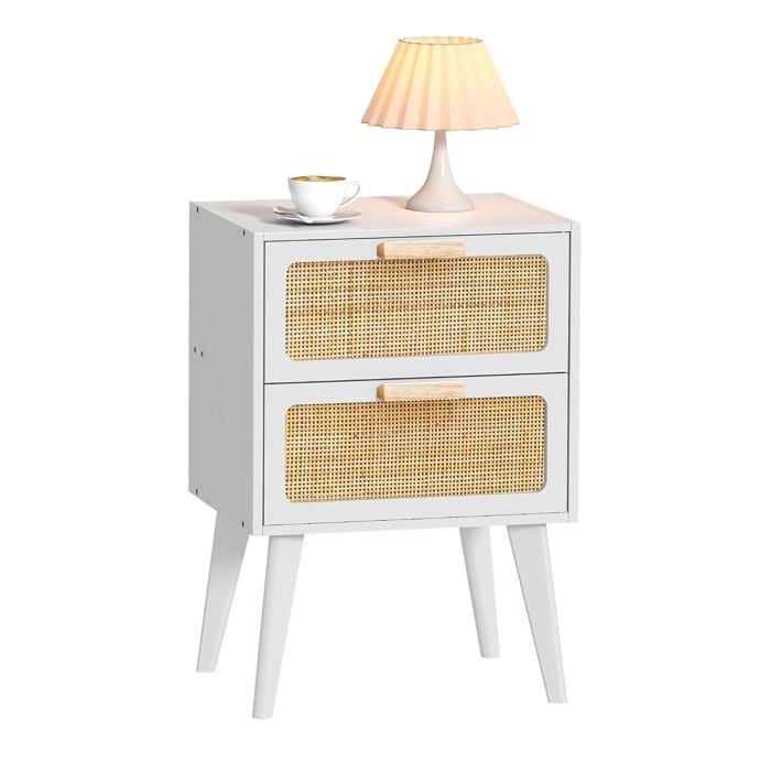 Table de Chevet Scandinave en Rotin 2 Tiroirs Chevet Blanc en Bois Compact avec Espaces de Stockage Pratiques