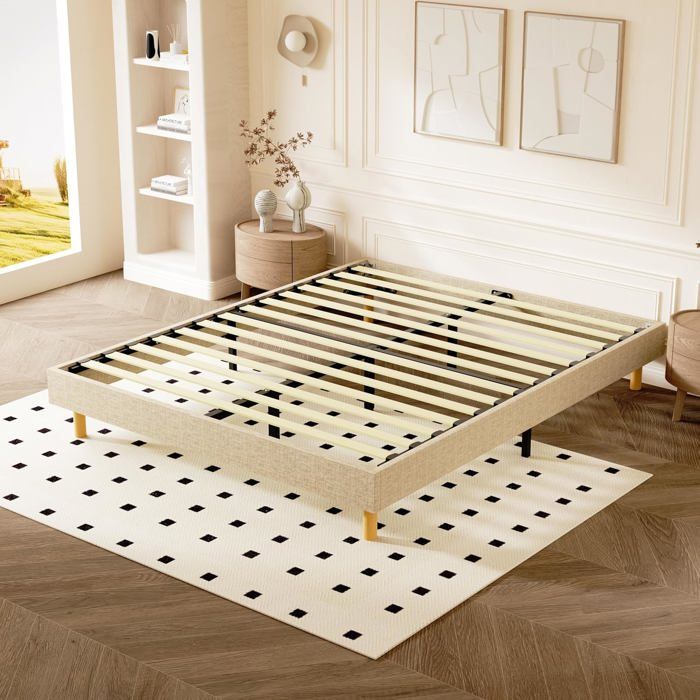 Sommier tapissier 120x190 cm - 14 lattes 9 pieds en bois hauteur 29 cm - Cadre à lattes beige 1 ou 2 personnes