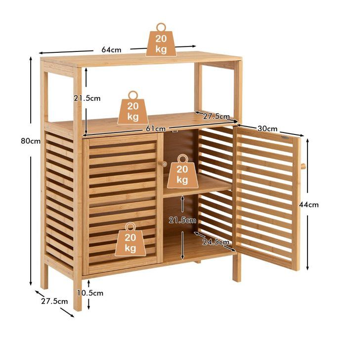 Double Porte Persienne Meuble Rangement Bambou Salle de Bain Buffet Bas avec Étagère Amovible et Pieds Antidérapants
