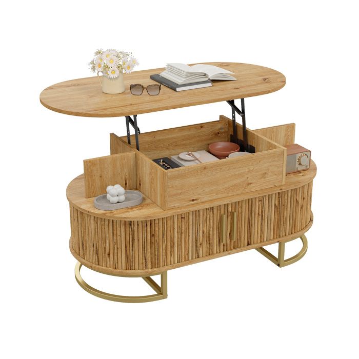 Table basse ovale relevable 100 x 50 x 64 cm avec rangement caché portes coulissantes et MDF naturel JOINERY