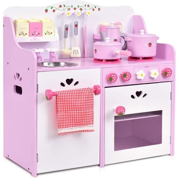 COSTWAY Cuisine Enfants en Bois avec Sons Réel - 13 Accessoires 60 x 295 x 62 CM avec Poêle Pot Placard Four Ustensiles en