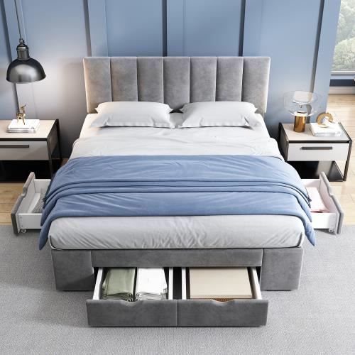 classique et moderne  lit capitonné  velours, avec sommier à lattes, avec dossier ,avec 4 tiroirs, gris,140 x 200 cm