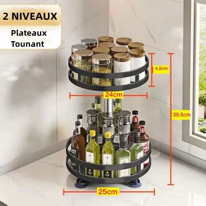 Plateau Tournant à Épices JOUING 2 Étages - Organisateur Rotatif 360° Pour Cuisine (Blanc)