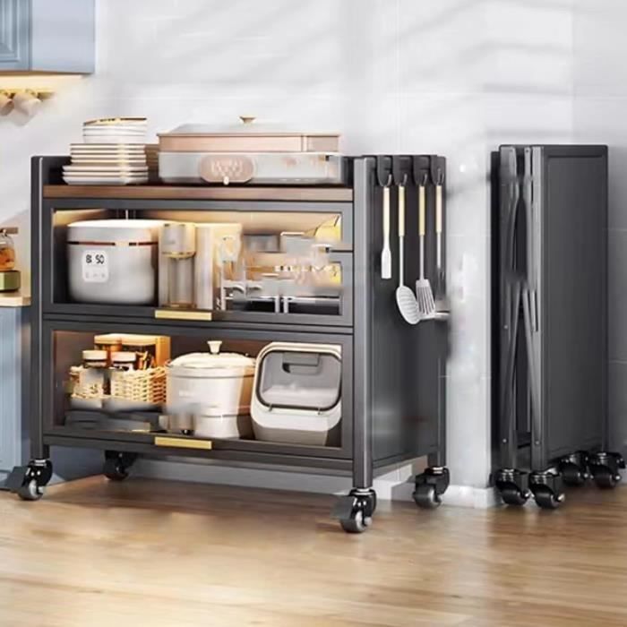 Meuble De Rangement Cuisine En Bambou Et Acrylique - Étagère Micro-ondes, Buffet Avec Portes - Vert, Dimensions Compactes