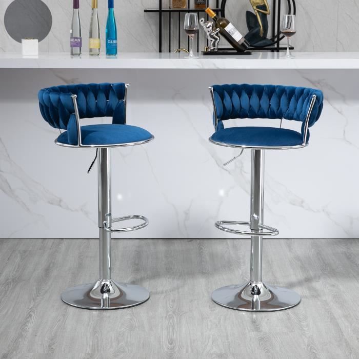 lot de 2 tabourets hauts de bar pivotants et réglables, chaises réglables avec repose-pieds, bleu et argent