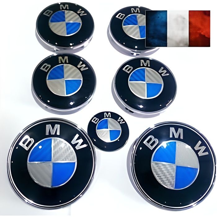 KIT 7 LOGO EMBLEME BMW CARBON BLEU: LOGO CAPOT 82 mm+ COFFRE 82mm +VOLANT 45mm+ 4 CENTRES DE ROUES 68mm NEUF CLIPSABLE BADGES