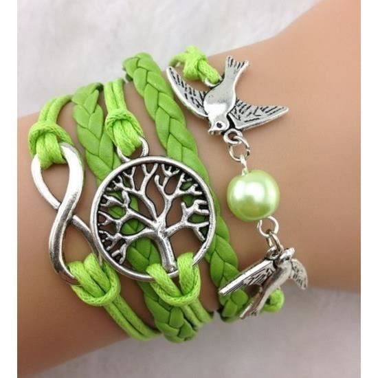 Bracelet Vert Couple Doiseau Arbre De Vie Infini