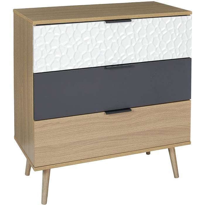 Table De Chevet 3 Tiroirs Bois Blanc Gris Beige Coeur 56x37x27