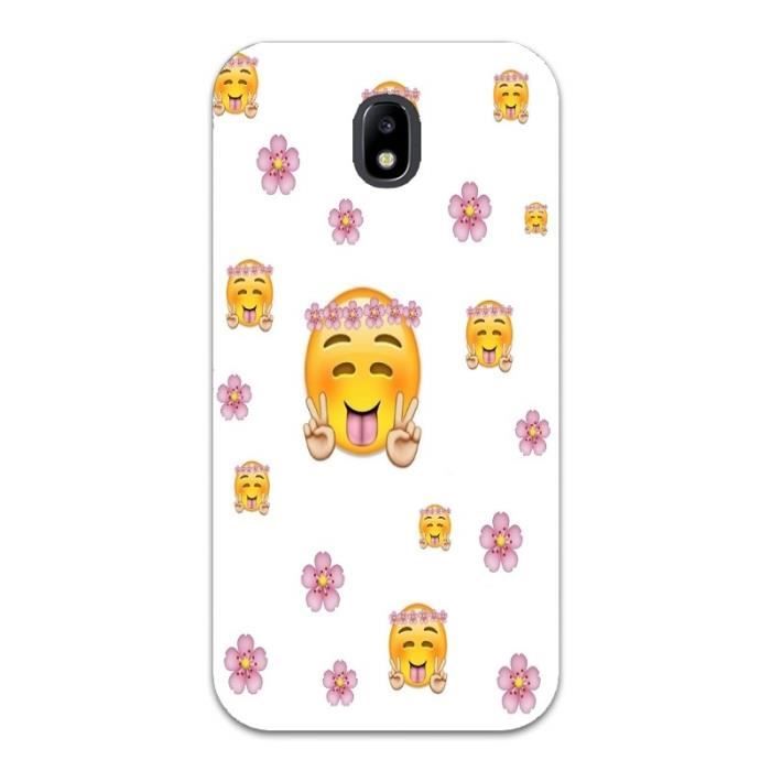 Coque Galaxy J3 2017 Smiley peace and love blanc fleur emojii emoticone