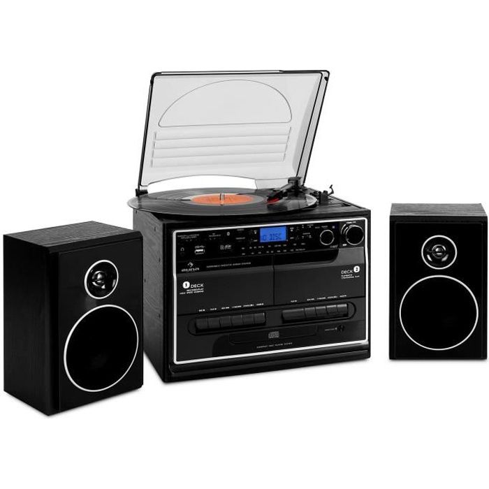 auna 388-BT Chaîne HiFi stéréo multimedia Bluetooth : platine vinyle, double lecteur K7, lecteur CD et ports USB -SD MP3 & radio FM