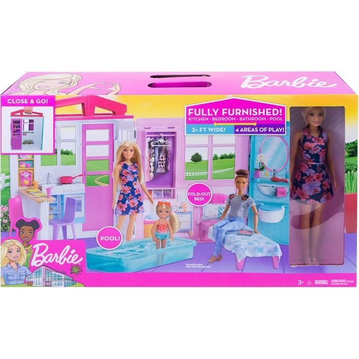 Coffret Barbie Maison Transportable Piscine 1 Poupee Mannequin 20 accessoires Set Mobilier 1 Carte Offerte
