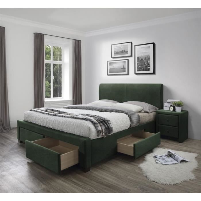 lit rembourré 2 places modena3 avec tiroirs 160 cm x 200 cm - vert