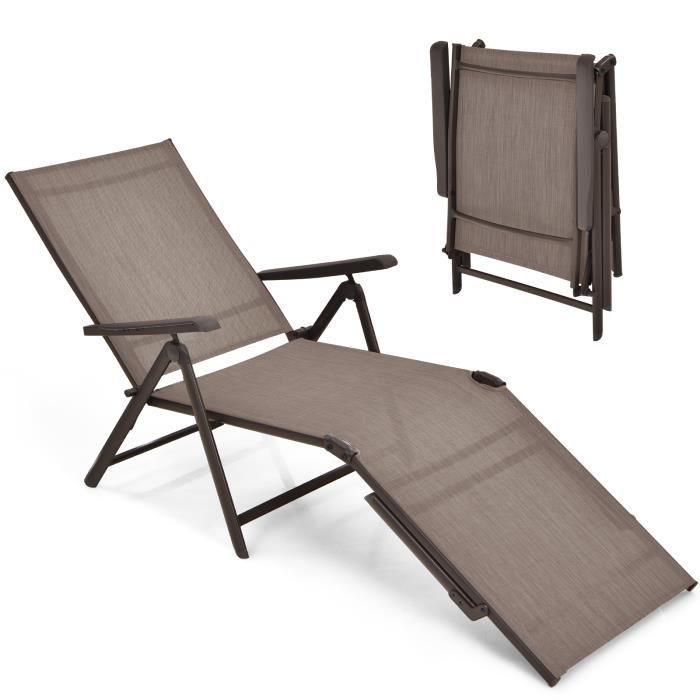 costway chaise longue inclinable d'extérieur avec dossier réglable à 5 positions, en acier&tissu, pour la piscine, le jardin, marron