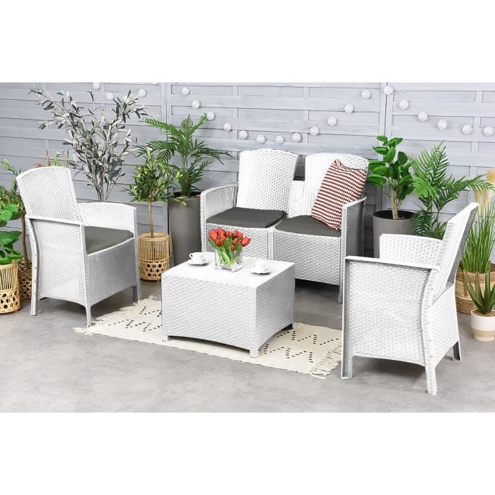 Ensemble de salon dextérieur Urano - DMORA - Blanc - Effet rotin - 4 personnes Ensemble de salon dextérieur Urano - DMORA - Blanc - Effet rotin - 4 personnes