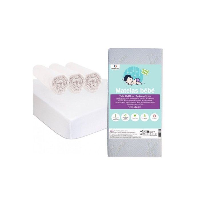 KIT PRATIQUE BEBE Matelas 60x120 Lit Bébé Lit Parapluie + 3 Draps housse Bio + 2 Alèses Bio Certifié GOTS Fabrication France UE
